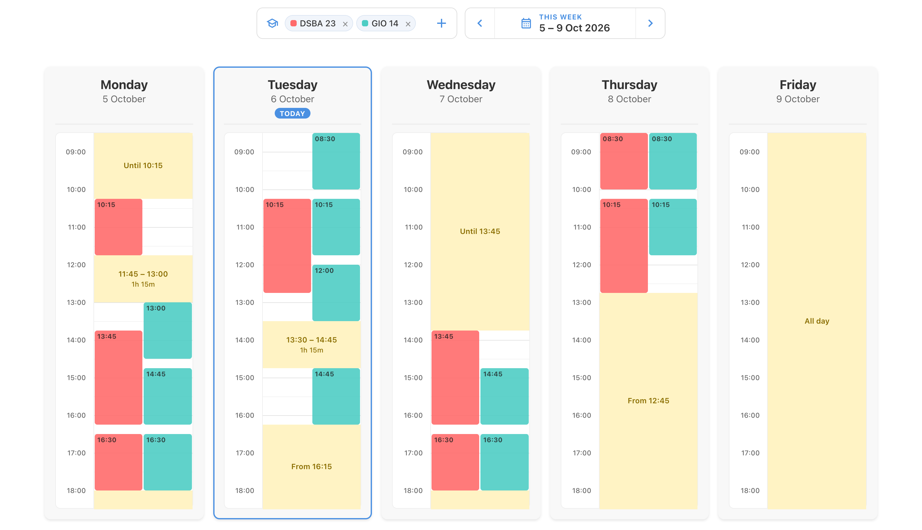 BBreaks comparing two Bocconi class timetables for one week, with shared free time highlighted in yellow